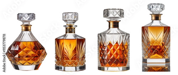 Fototapeta Elegant collection of four crystal whiskey decanters filled with amber liquor.