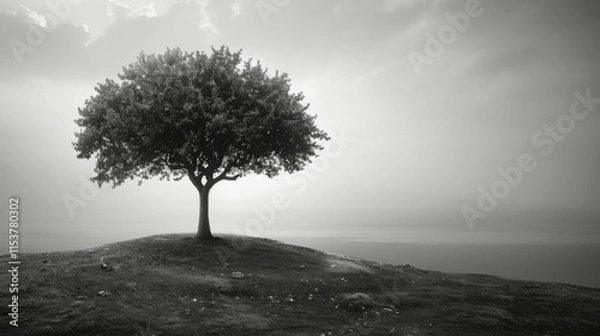 Obraz A tree is standing on a hill with a body of water in the background