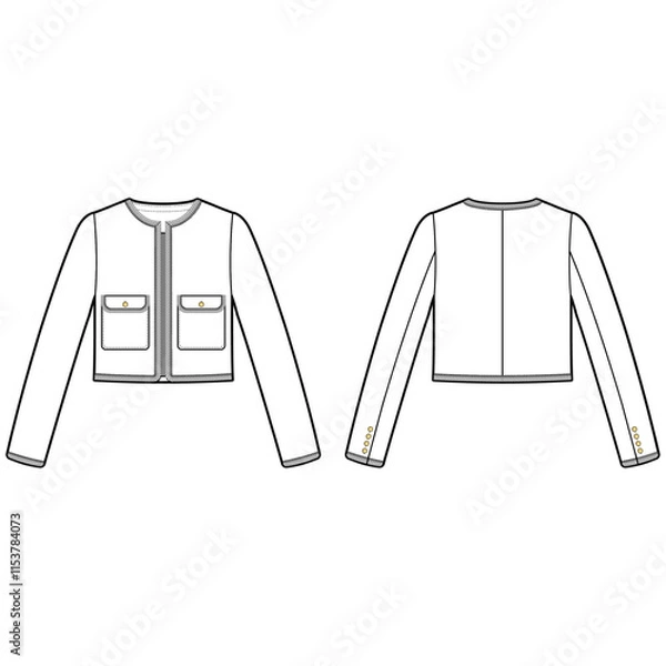 Obraz Technical flat sketch of Tweed Jacket. Long sleeve blazer crop jacket with two patch pockets and cording trim. Non-collar jacket drawing vector template.