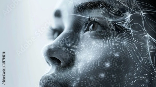 Obraz Algorithmic Aura, Explore the concept of digital identity by portraying a human face with an aura of algorithmic patterns