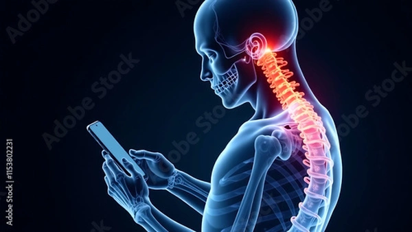 Fototapeta A detailed X-ray illustration showing a human skeleton using a mobile phone, poor posture effects, back and neck pain new image 