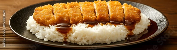 Obraz Crispy Fried Pork Cutlets on Rice with Savory Sauce, A Delicious Japanese Dish Served on a Plate.