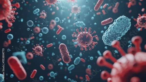 Fototapeta Close-up view of various bacteria and viruses in a dark setting.