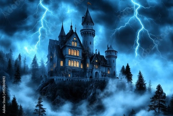 Obraz A gothic-style scene of a medieval castle under a stormy night sky, with lightning illuminating the dark stone walls