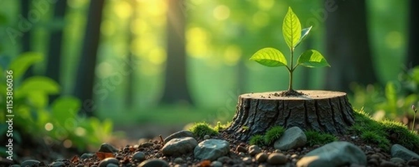 Obraz A tiny tree grows from a tree stump on a rocky outcropping, forest, nature