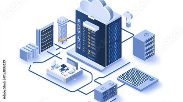 Fototapeta isometric Engineers optimizing cloud-based IoT networks to enhance industrial automation and efficiency