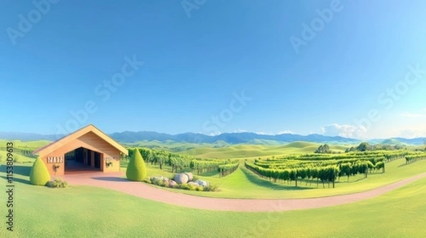 Fototapeta A serene landscape featuring a wooden structure surrounded by lush greenery, rolling hills, and a clear blue sky.