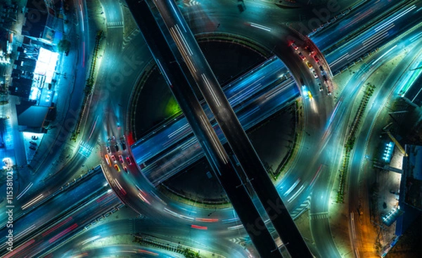 Obraz Expressway top view, Road traffic an important infrastructure, car traffic transportation above intersection road in city night