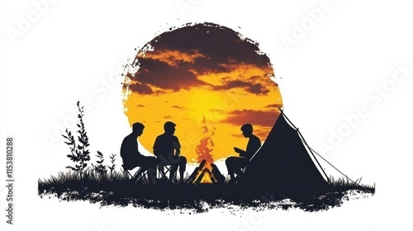 Fototapeta Group of friends sitting around a campfire, silhouette art design with a tent in the background of the sun