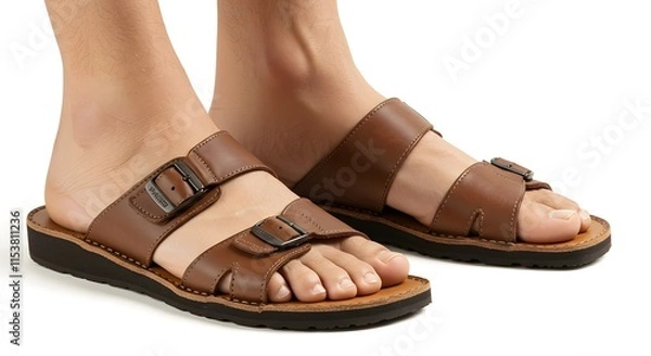 Fototapeta Comfortable Brown Leather Sandals with Buckle Straps


