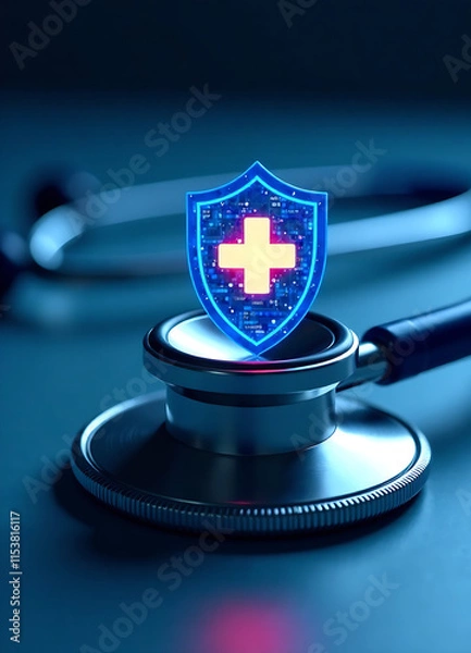 Fototapeta A digital shield with a medical cross symbol sits on a stethoscope, representing the importance of protecting patient data and ensuring secure healthcare practices. new image