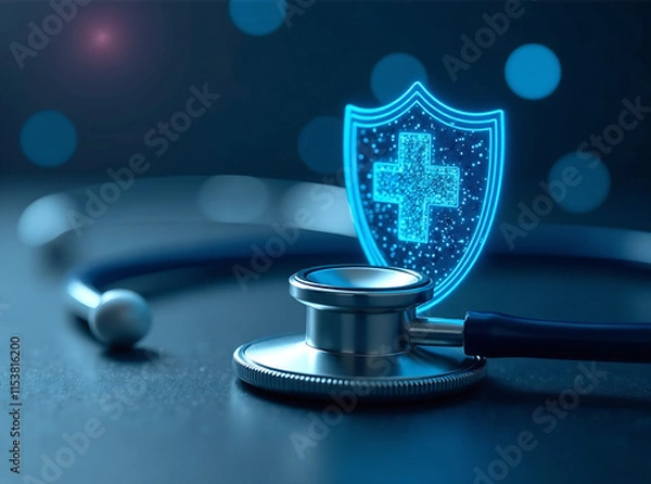 Fototapeta A digital shield with a medical cross symbol sits on a stethoscope, representing the importance of protecting patient data and ensuring secure healthcare practices. new image