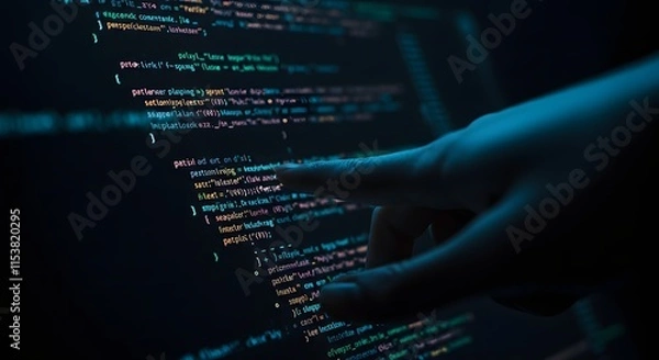 Fototapeta An abstract and futuristic technology background showcasing programming code on a glowing digital interface. The lines of code are vividly color-coded, floating against a dark, sleek surface