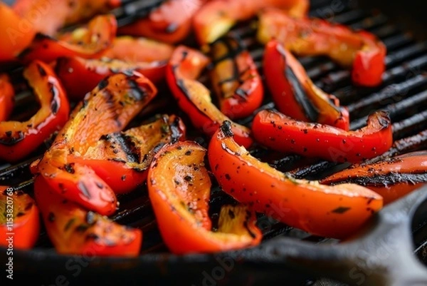 Fototapeta Delicious slices of red bell peppers are grilling on a cast iron grill pan, seasoned with herbs and spices