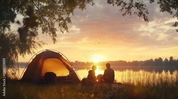 Obraz Family camping by the lake at sunset, silhouette of tent and family sitting around campfire, copy space concept for blur effect of outdoor adventure activity