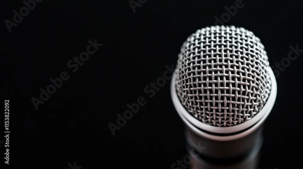 Fototapeta Professional microphone on a glossy black surface, ideal for music, podcasts, interviews, and audio recordings, showcasing its sleek design and high-quality construction for audio clarity.