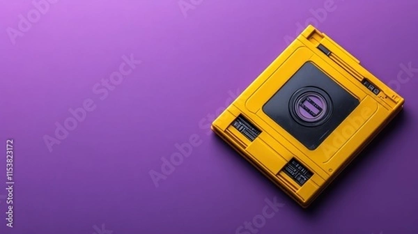 Fototapeta A vibrant yellow video game cartridge rests on a purple background, showcasing retro gaming design.