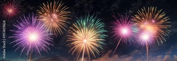 Fototapeta Vibrant fireworks exploding in the night sky with colorful sparks and stars , pyrotechnics, fireworks, night sky