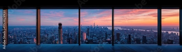 Fototapeta Stunning city skyline at sunset from a modern high-rise window.