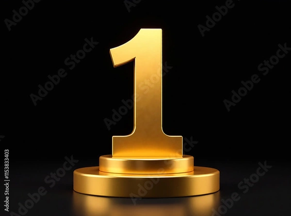 Fototapeta A golden number one stands on a golden pedestal against a black background. new image