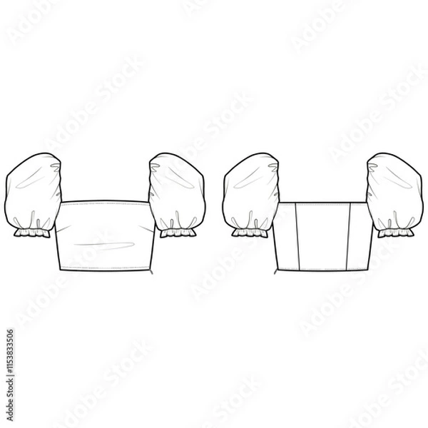 Obraz Technical flat sketch of Square neck blouse. Puff sleeve cropped top. Ruffled short sleeves. Fitted top with frill details. 