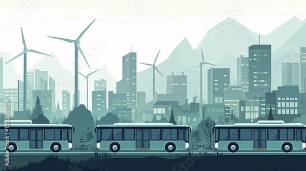 Fototapeta sustainable city with clean transportation systems like electric buses and bike lanes, set against a backdrop of wind turbines and green buildings, symbolizing reduced carbon emissions. [environment]: