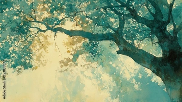 Fototapeta Beneath a Teal Canopy: Sunlight filters through a lush, verdant treetop, creating a serene and tranquil scene. The artwork evokes a sense of peace and natural beauty.