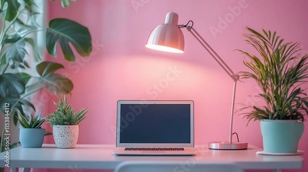 Fototapeta Laptop, desk lamp, and plants on a pink desk.