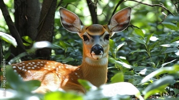 Fototapeta A young deer rests among lush green foliage in a serene forest setting.