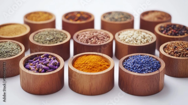 Fototapeta A vibrant arrangement of exotic spices and herbs in small wooden bowls, each containing unique colors and textures, arranged in a visually appealing grid, isolated on a pure white background. Crisp, h