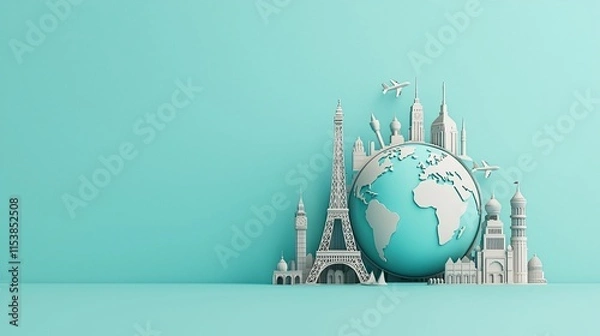 Fototapeta Global travel concept with world map and famous landmarks. 