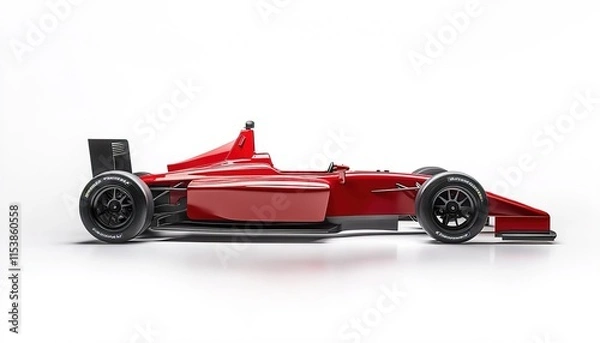 Obraz A red Formula race car with black wheels, on a white background, in a side view.