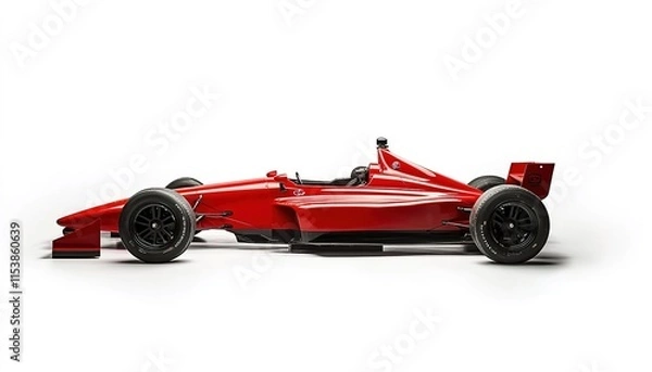 Obraz A red Formula race car with black wheels, on a white background, in a side view.