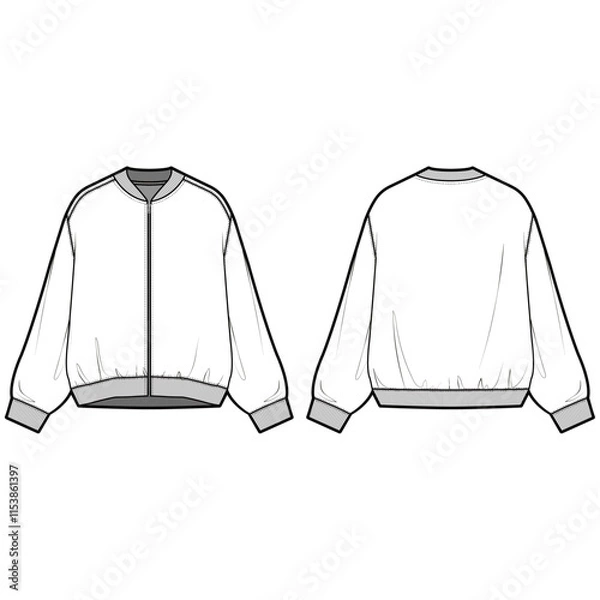 Obraz 
Technical flat sketch of Oversized Bomber Jacket. Front zip up loose fit outer with rib trim and shirring details. 