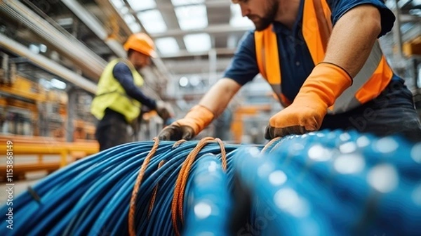 Obraz Worker Handling Electrical Cables in a Warehouse
