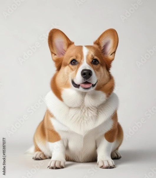 Obraz Welsh corgi dog's body forms perfect triangle shape as it rests on white background,  corgi breeds,  animal portraits