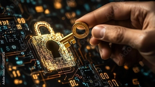 Obraz Entrepreneur inserting a golden key into a futuristic holographic lock system symbolizing innovation opportunity and the unlocking of new possibilities in the digital age