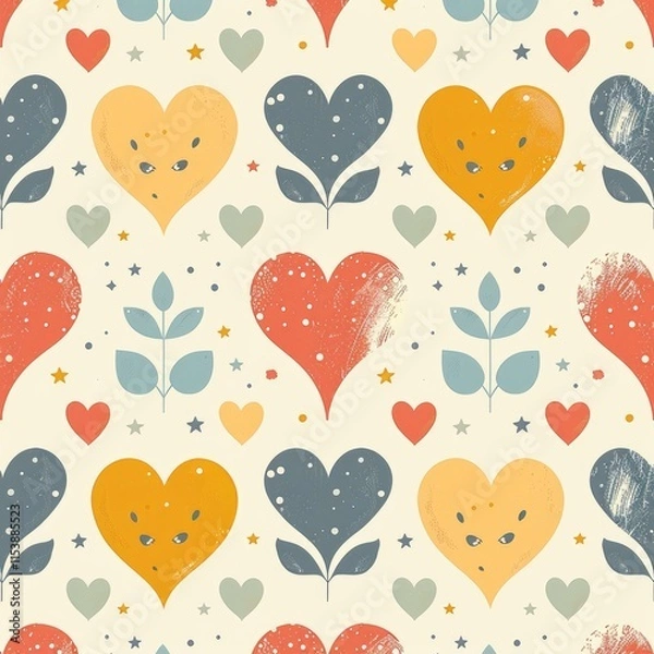 Fototapeta A colorful pattern featuring hearts, leaves, and stars, perfect for fabric or wallpaper design.