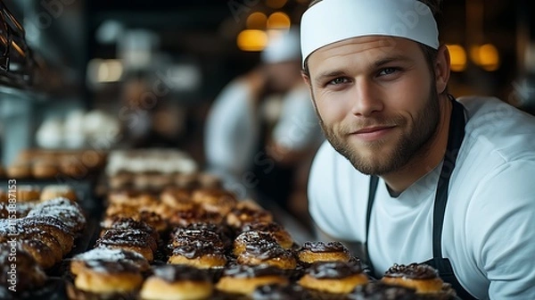 Obraz Confident baker smiling behind pastries.