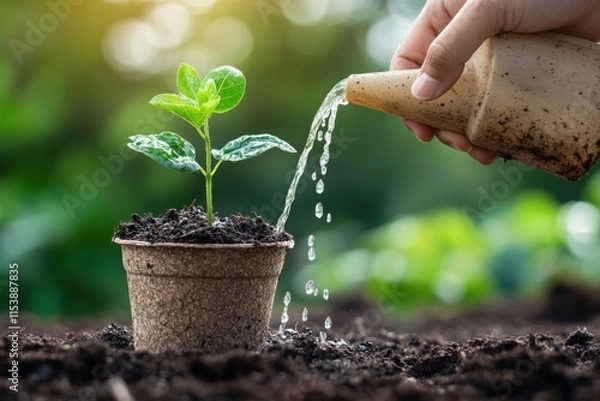 Obraz Close-up of a hand watering a small plant in a biodegradable pot, natural and earthy background, high-resolution photo 