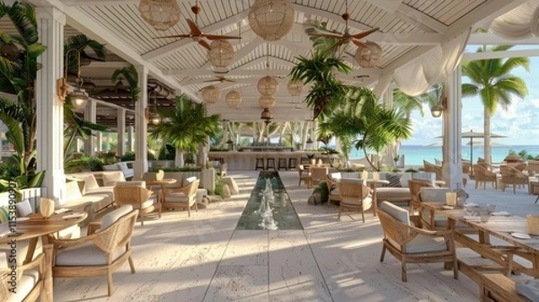 Fototapeta A stylish beachfront restaurant with tropical decor and a serene ocean view.