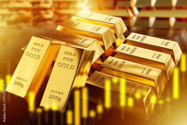 Obraz Cream of pure gold. Investment chart near golden bricks. Ingots of precious metal. Gold price growth chart. Golden reserve to avoid inflation. 999 gold is rising in price. 3d image.