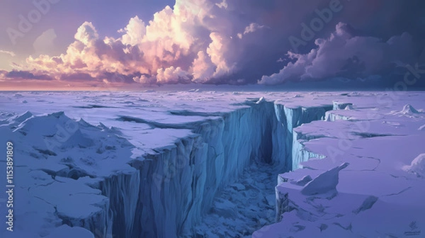 Obraz A vast icy crevasse stretches across a frozen landscape under a moody sky, ai. Crevasse. Illustration