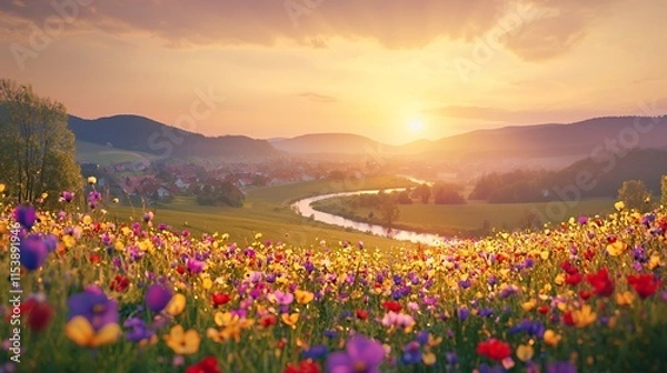 Obraz Serene Sunset Over Blooming Meadow and River Valley