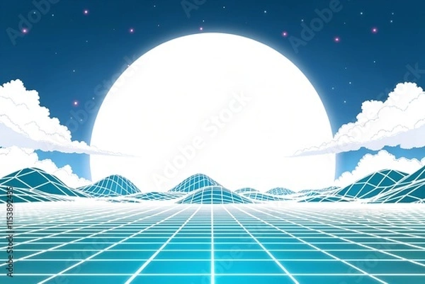 Fototapeta A minimalist futuristic digital landscape with an expansive neon grid and a giant glowing moon dominating the horizon under a clear starry sky.