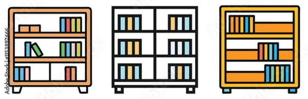 Fototapeta Bookshelf Icon Trio with Books and Shelves, Set of three bookshelf vector icons in various styles featuring colorful books and simple shelving, perfect for office or home decor.
