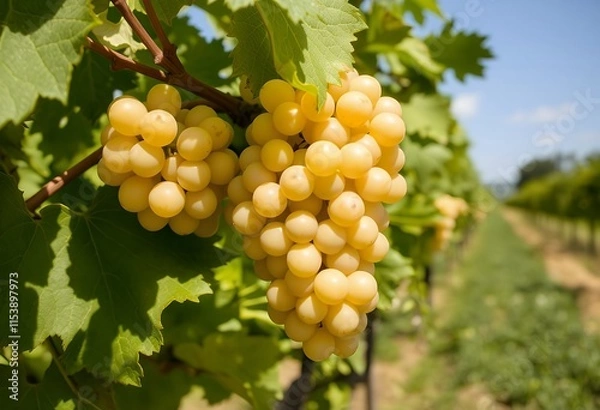 Obraz Ripe Yellow Grapes Hanging on Vine in Sunny Vineyard