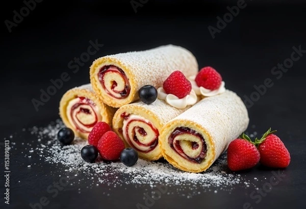 Obraz Delicious Swiss Rolls with Berries and Cream Dessert Pastry