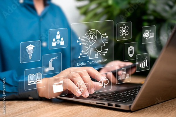Obraz Digital transformation and AI technology strategy concept, Businessman use laptops and Artificial Intelligence to enhance business capabilities, Automation industry, Cloud computing data, Education