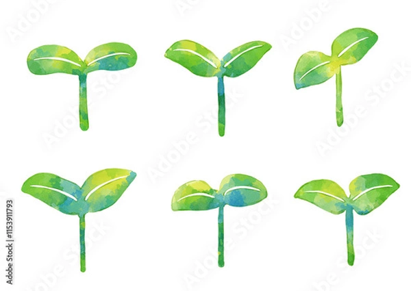 Obraz 水彩タッチの植物コレクション　可愛くデフォルメされた芽、双葉